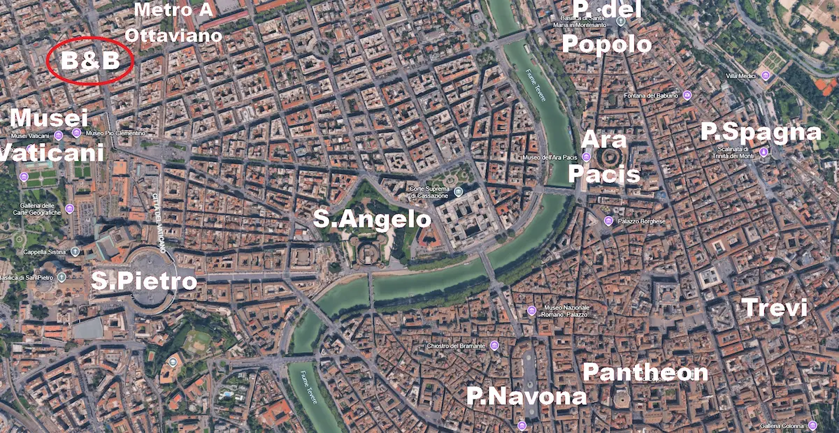 Cosa vedere a Roma vicino al Vaticano area attorno al B&B con san pietro, musei vaticani, piazza del popolo, ara pacis, piazza navona, fontana di trevi, piazza di spagna