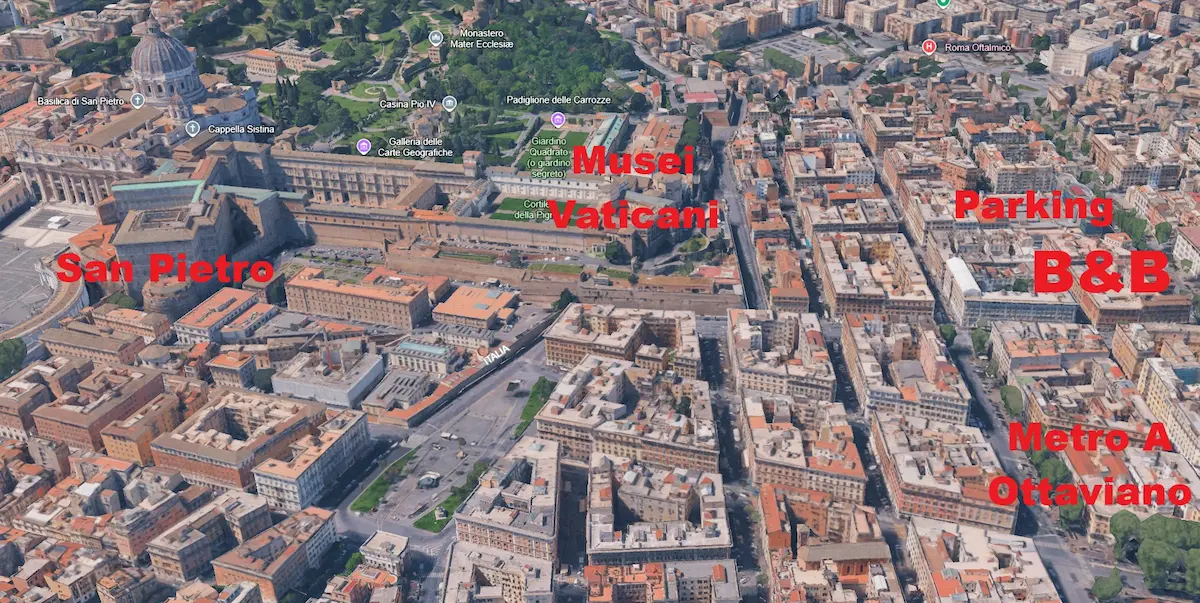 area attorno al B&B con musei vaticani, basilica di san pietro e metro a ottaviano