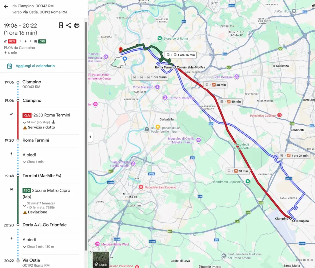 mappa del percorso dall'aeroporto di ciampino a Maria in Vaticano Guest House di via ostia: prendi il treno per Termini e poi la metro a direzione battistini e scendi a ottaviano, ci vogliono solo 1 ora e 16 minuti