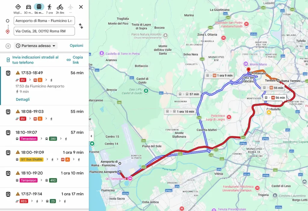mappa del percorso dall'aeroporto di fiumino a Maria in Vaticano Guest House di via ostia: prendi il treno per Termini e poi la metro a direzione battistini e scendi a ottaviano, ci vogliono solo 1 ora e 10 minuti