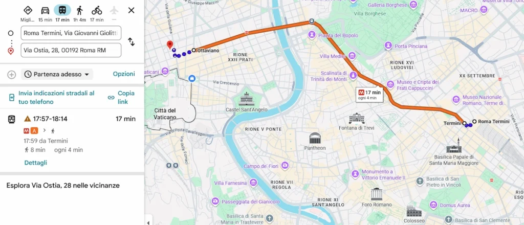 mappa del percorso dalla stazione ferroviaria Termini a Maria in Vaticano Guest House di via ostia: prendi la metro a direzione battistini e scendi a ottaviano, ci vogliono solo 17 minuti